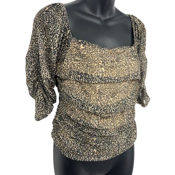 Anthropologie Top Blouse Medium Animal Square Neck Puff Short Sleeve Ruched New - Picture 2 of 9